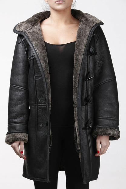Womens Black Shearling Hooded Duffle Coat-Royston