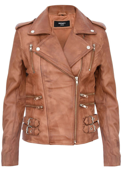 Womens Leather Brando Biker Jacket-Loddon - Upperclass Fashions 