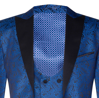 Mens Blue Tuxedo Blazer Waistcoat Brocade Black Satin Paisley Dinner Jacket - Upperclass Fashions 