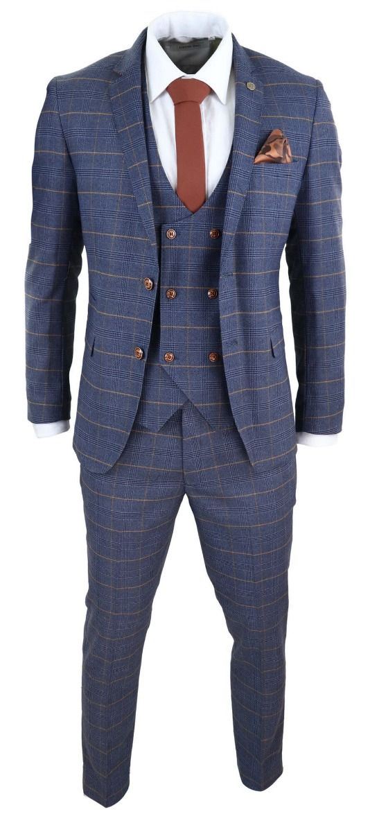 Mens 3 Piece Navy Blue Retro Check Vintage Classic Suit - Upperclass Fashions 