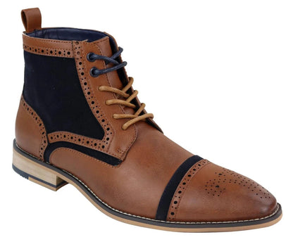 Mens Retro Oxford Brogue Ankle Boots in Tan/Navy Leather - Upperclass Fashions 