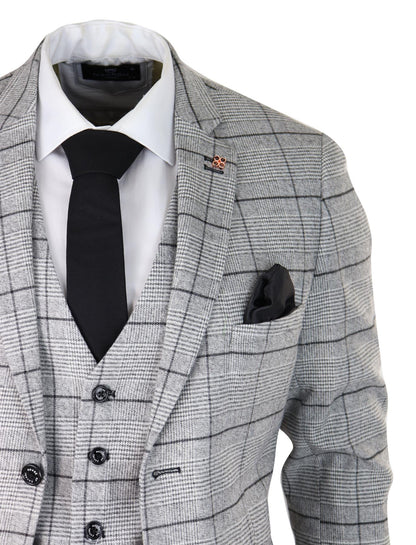 Mens 3 Piece Tweed Suit Grey Check Peaky Blinders 1920 Gatsby Wedding Suit