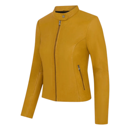 Womens Leather Stand Collar Racer Biker Jacket - 181