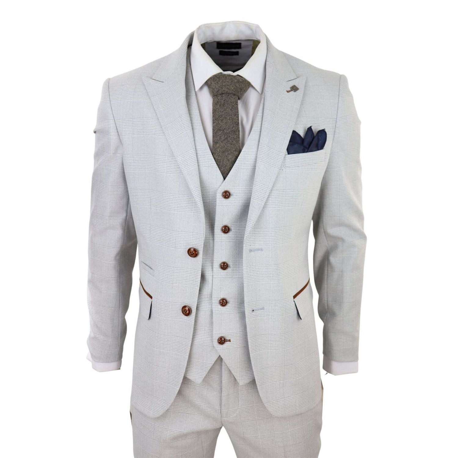 Mens Grey Stone 3 Piece Tweed Check Suit - Upperclass Fashions 