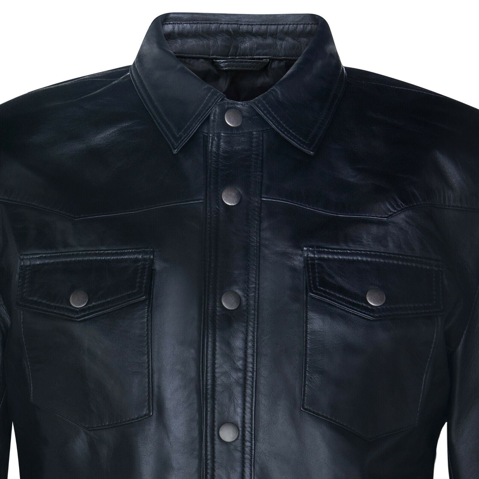 Mens Retro Denim Leather Shirt Jacket-Dorking