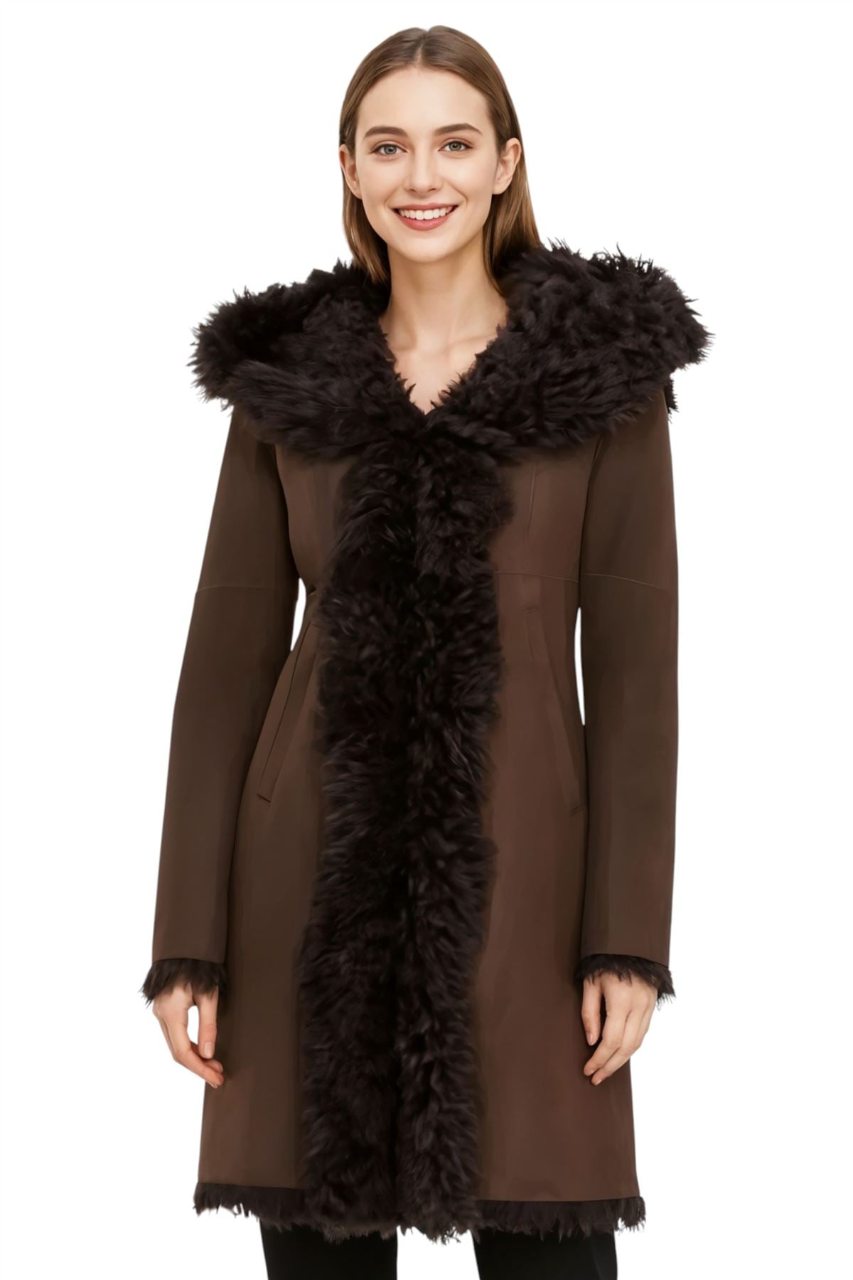 Womens Toscana Sheepskin Leather Hooded Trench Coat - Coast