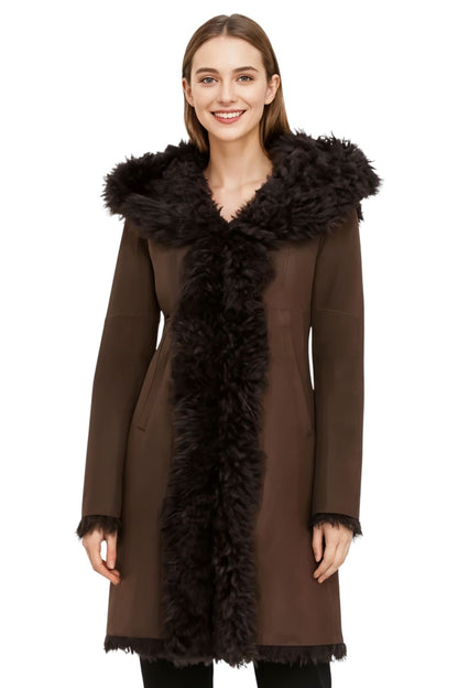 Womens Toscana Sheepskin Leather Hooded Trench Coat - Coast