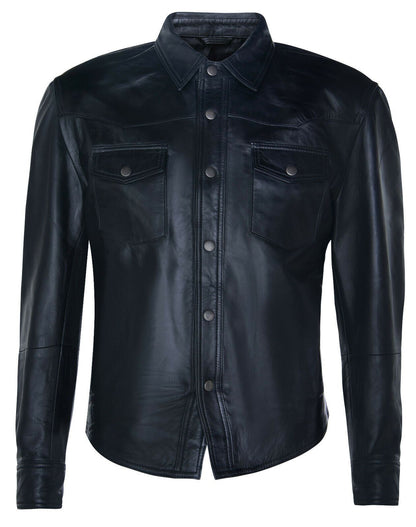 Mens Retro Denim Leather Shirt Jacket-Dorking