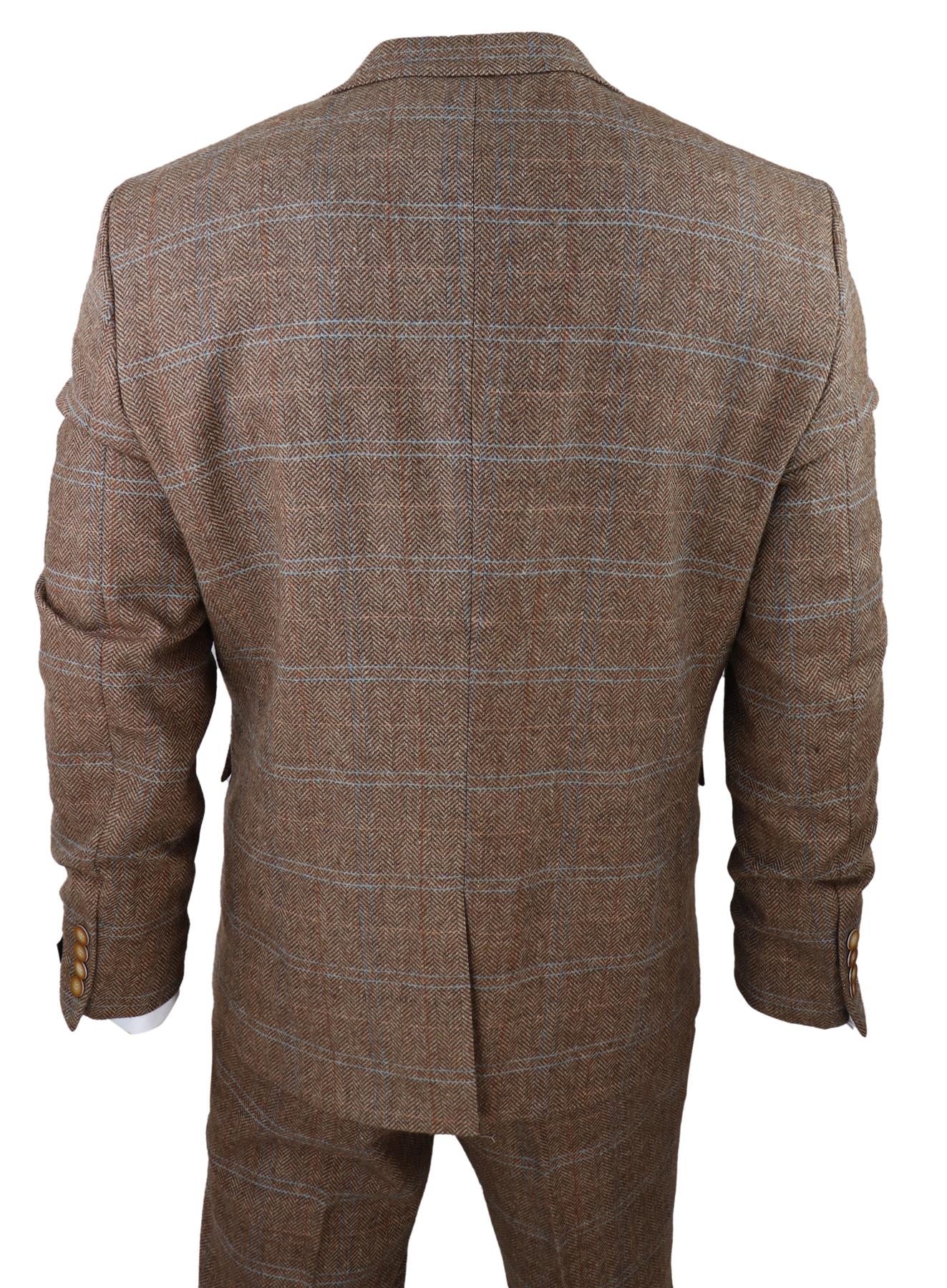 Mens 3 Piece Wool Suit Oak Brown Tweed Herringbone Check Peaky Blinders Gatsby - Upperclass Fashions 