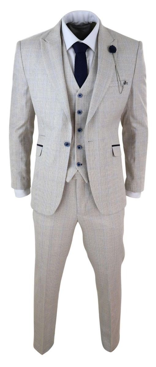 Mens 3 Piece Cream Check Tweed Herringbone Vintage Classic Suit - Upperclass Fashions 