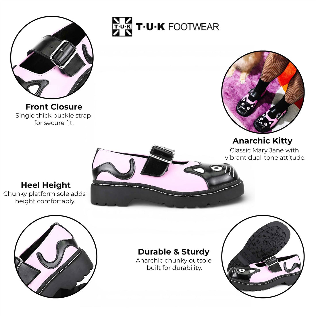TUK Womens Mary Jane Kitty Pink Black Leather Platform Goth Shoes - T2344