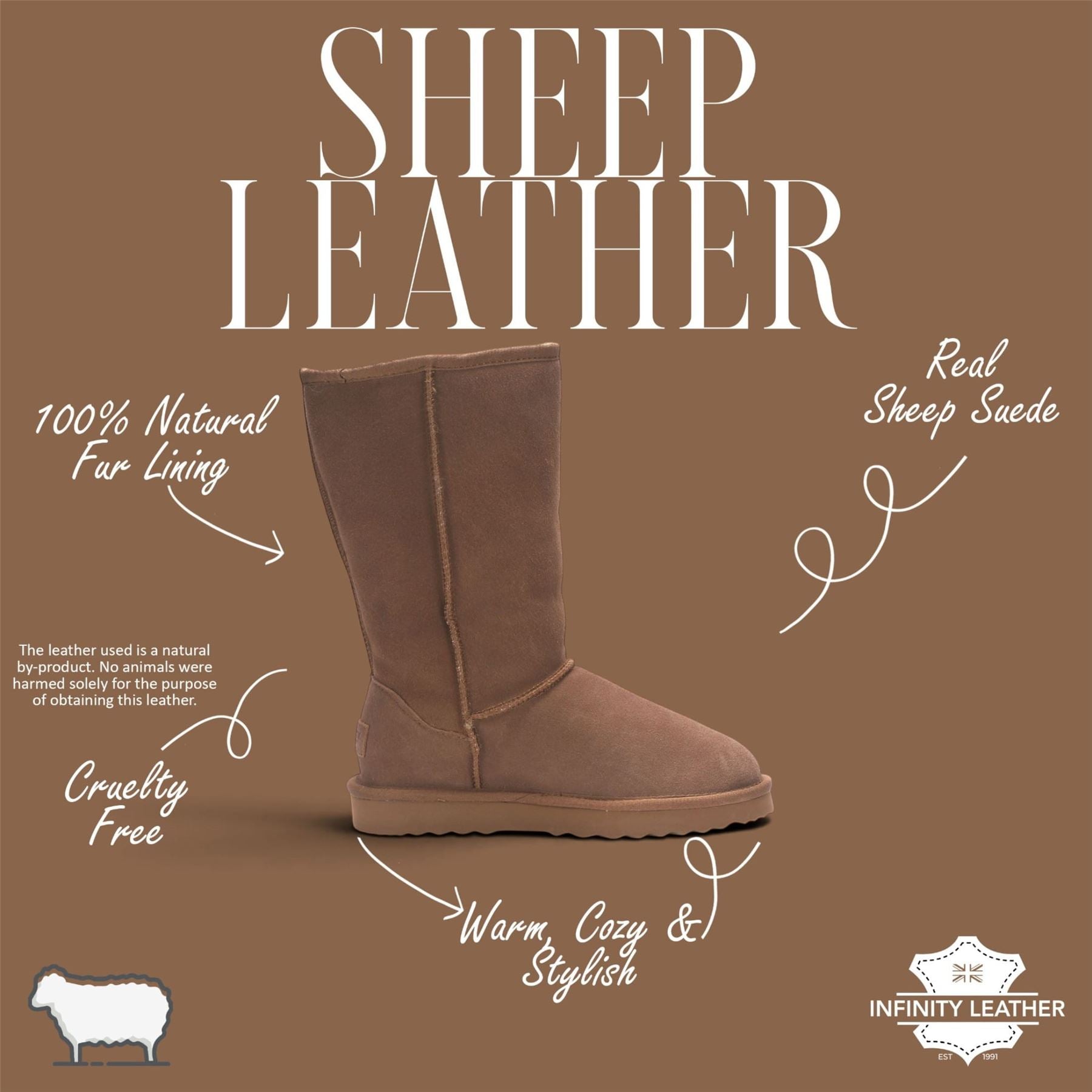 Women’s Chestnut Genuine Sheepskin Fur-Lined Winter Mid-Calf Boots