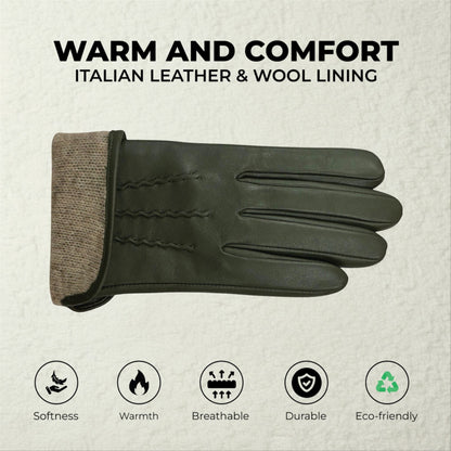 Womens Italian Leather Winter Stitch Line Design Soft Wool Lining Gloves