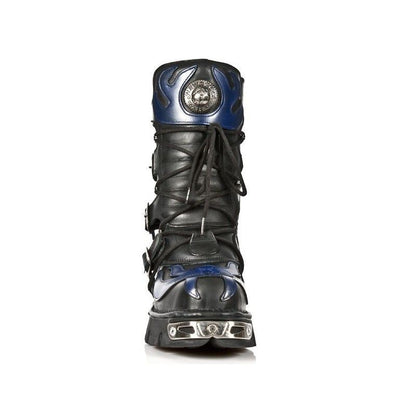 New Rock Unisex Black/Blue Leather Gothic Biker Skull Boots-107-C5 - Upperclass Fashions 