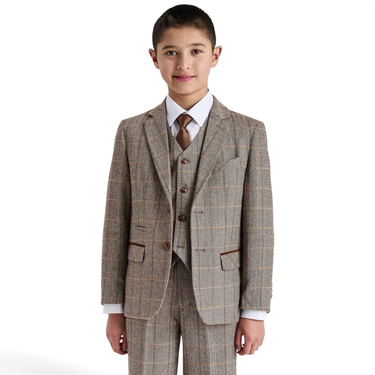 Boys Brown Tailored Fit Tweed 3 Piece Formal Suit - Harris