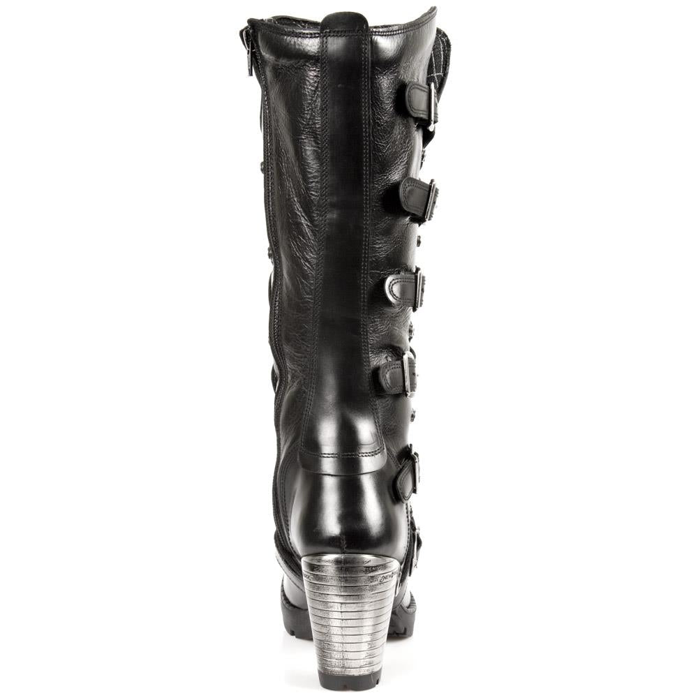 New Rock Ladies Black Buckle Laced Knee-High Boots- TR004-S1