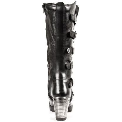 New Rock Ladies Black Buckle Laced Knee-High Boots- TR004-S1
