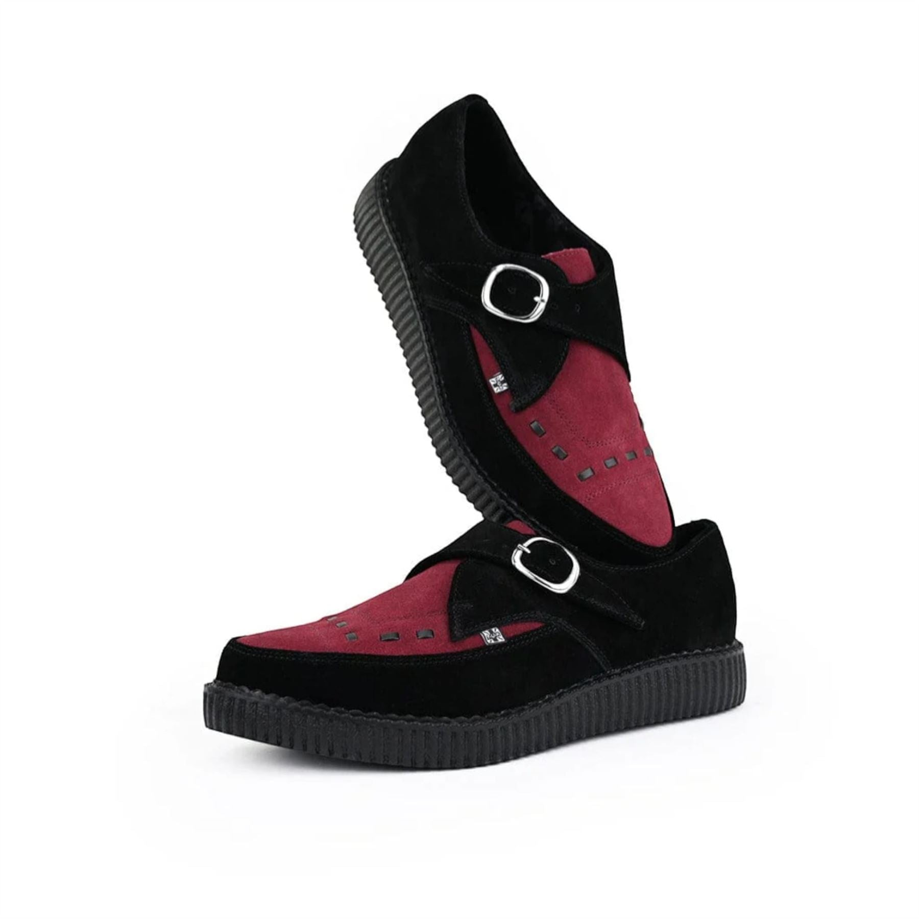 TUK Pointed Creeper Black Burgundy Suede Monk Buckle Platform Shoes - A9592