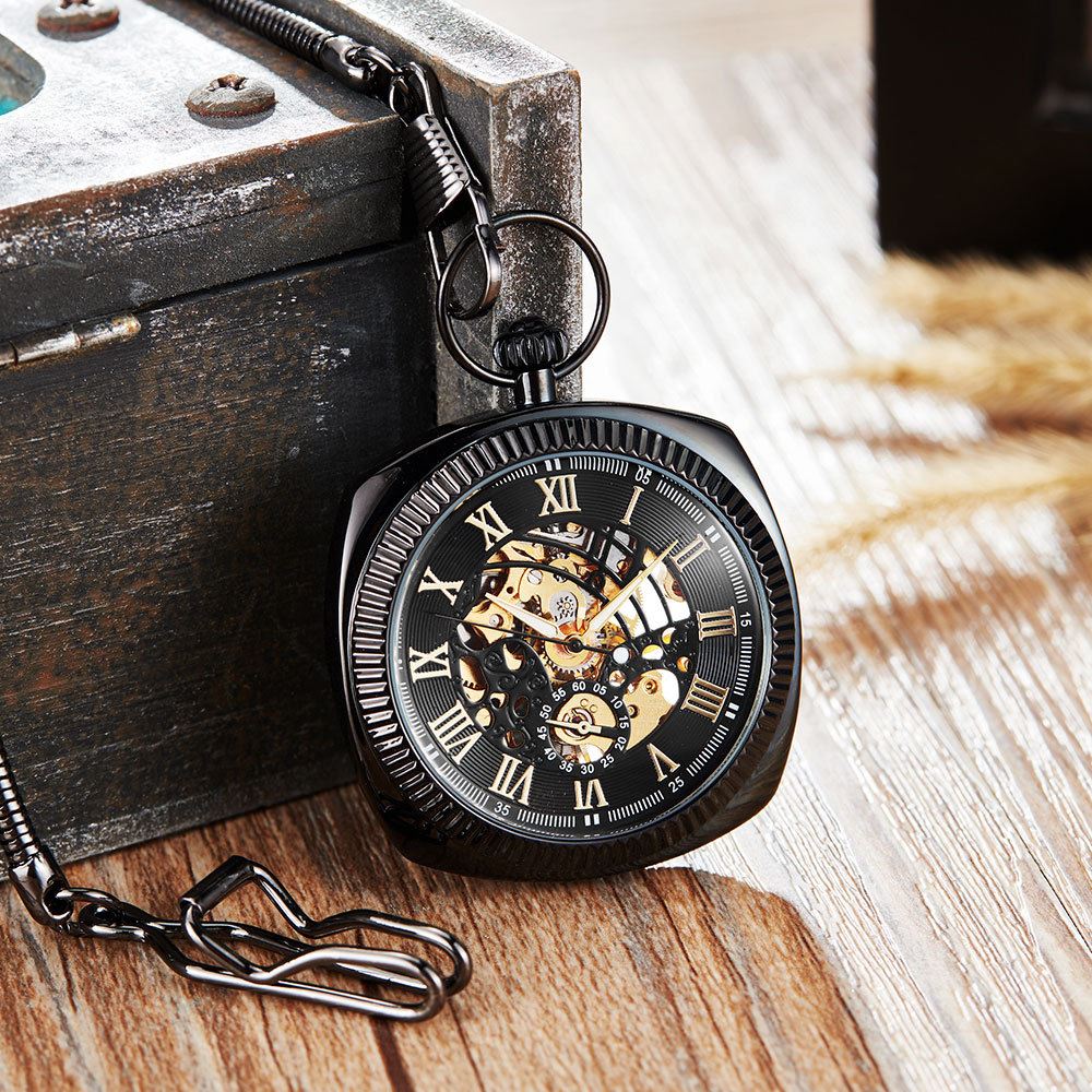 Mechanical Vintage Skeleton Square Open-Face Pocket Watch
