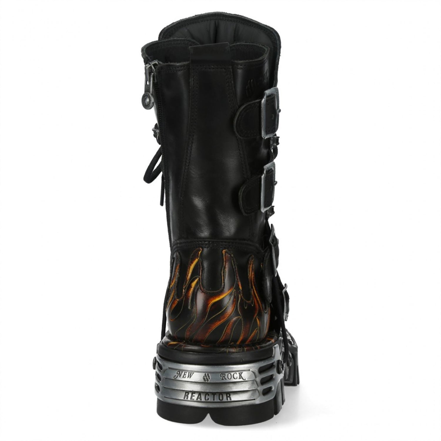 New Rock M-591-C58 Mid-Calf High Black Flame Leather Metallic Gothic Boots