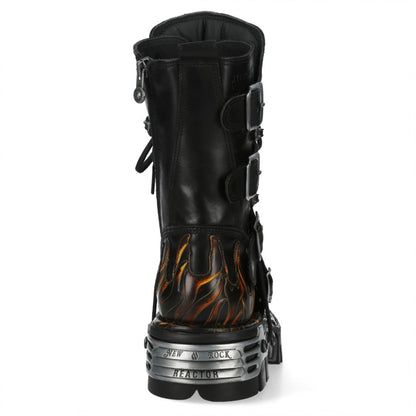 New Rock M-591-C58 Mid-Calf High Black Flame Leather Metallic Gothic Boots