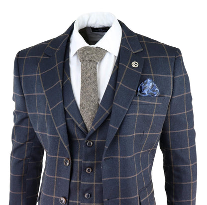 Mens Navy Blue Check 3 Piece Tweed Suit Peaky Blinders 1920s Gatsby Tailored Fit - Upperclass Fashions 