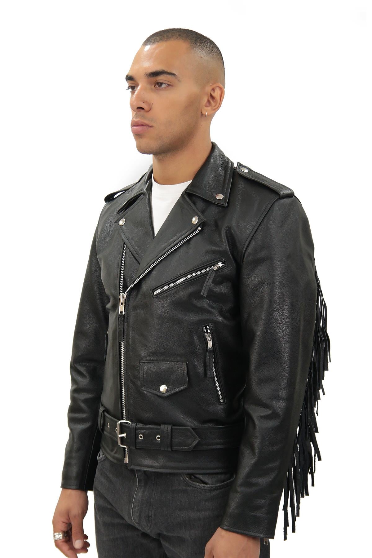 Mens Fringe Hide Leather Biker Jacket- Sevenoaks in White