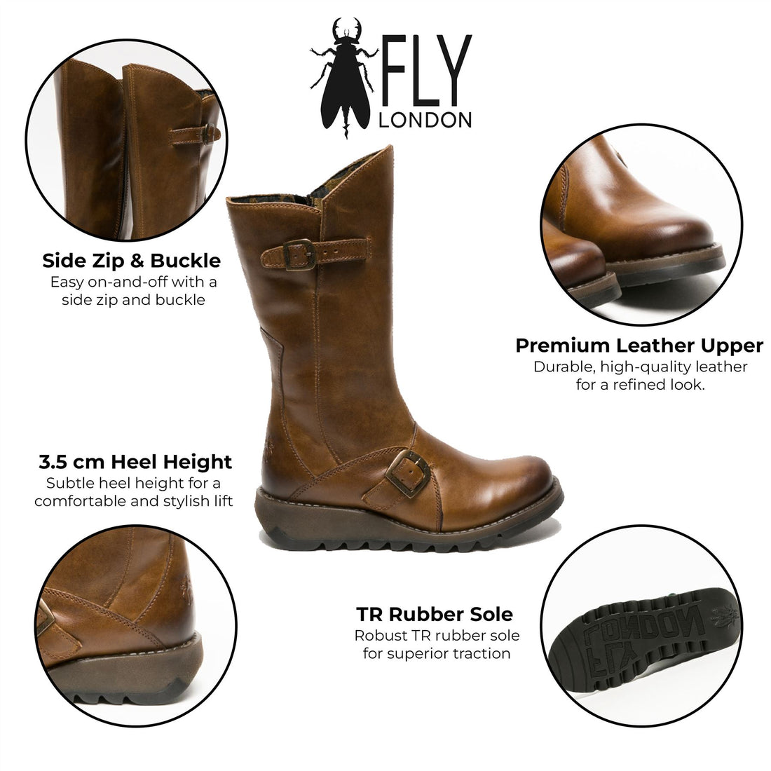 Fly London Womens Camel MES 2 Wedge Heel Buckle Mid-Calf Leather Zip Platform Boots