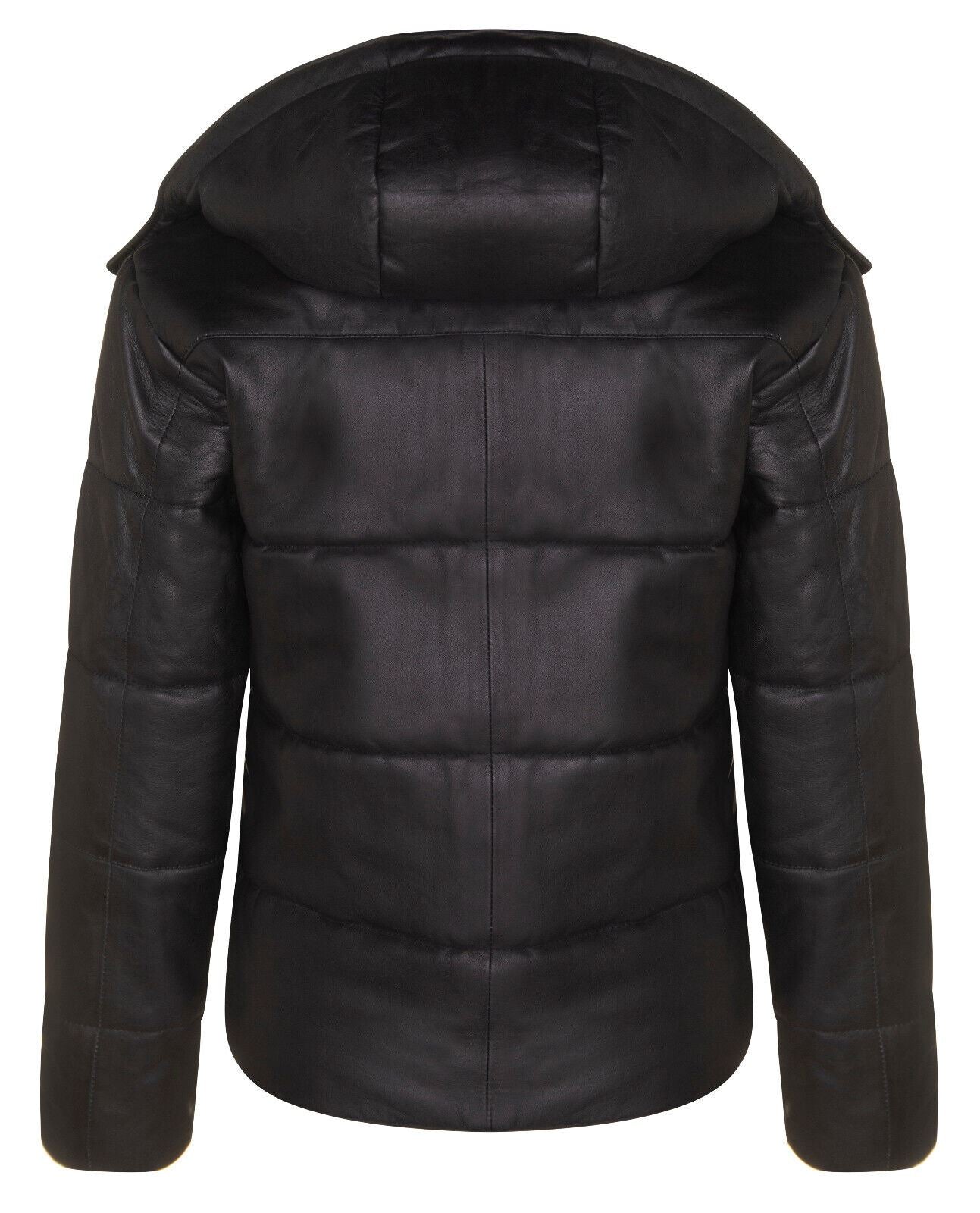 Womens Black Puffer Leather Bomber Jacket-Minehead - Upperclass Fashions 