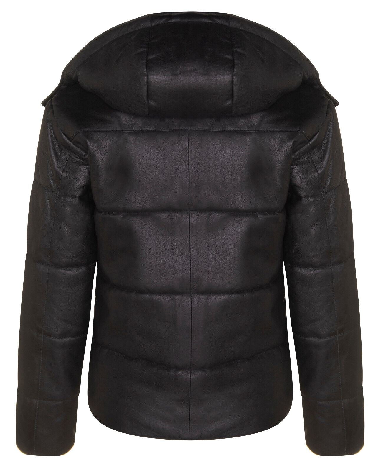 Womens Black Puffer Leather Bomber Jacket-Minehead
