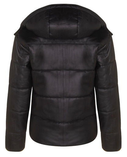 Womens Black Puffer Leather Bomber Jacket-Minehead