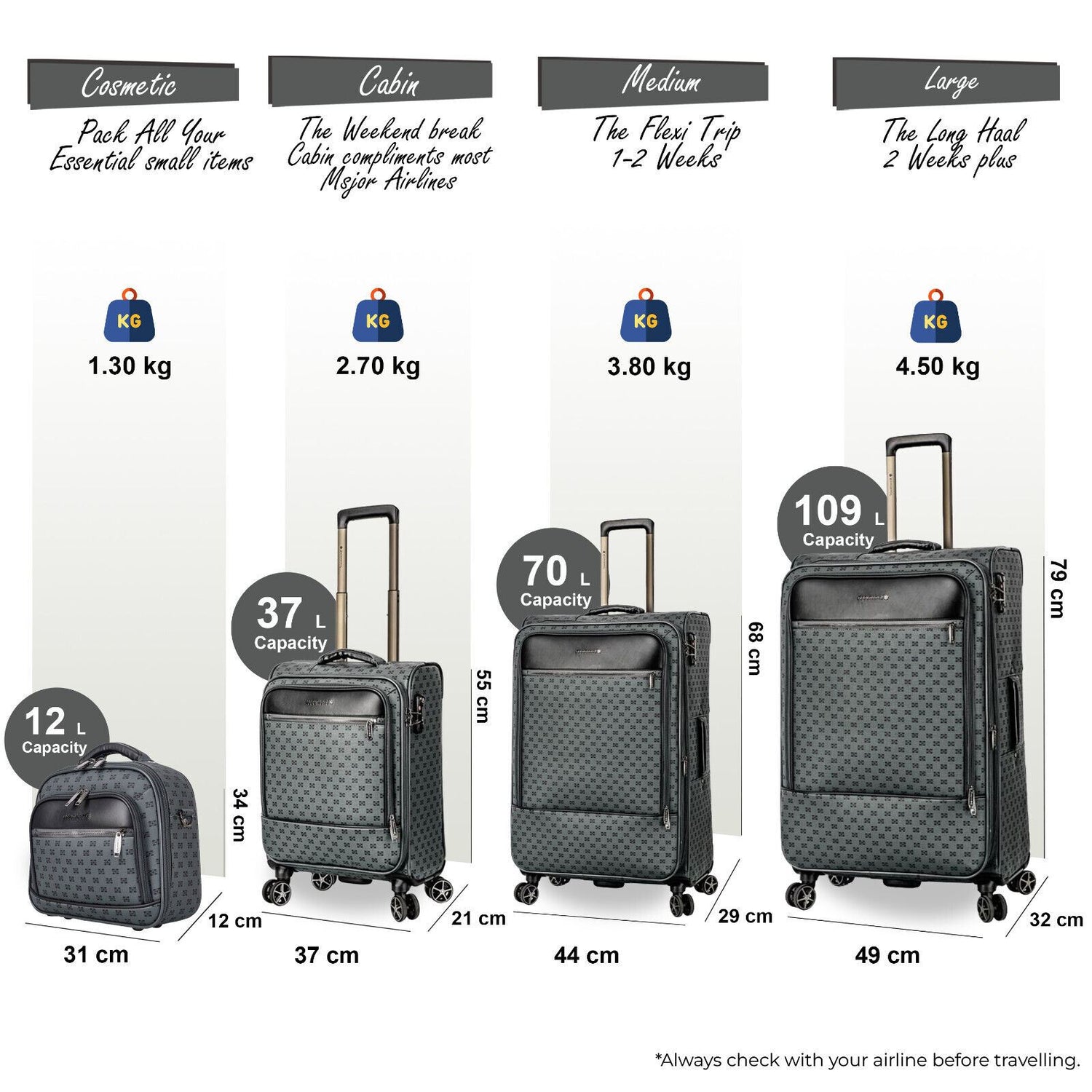 Cleveland Set of 4 Soft Shell Suitcase in Grey