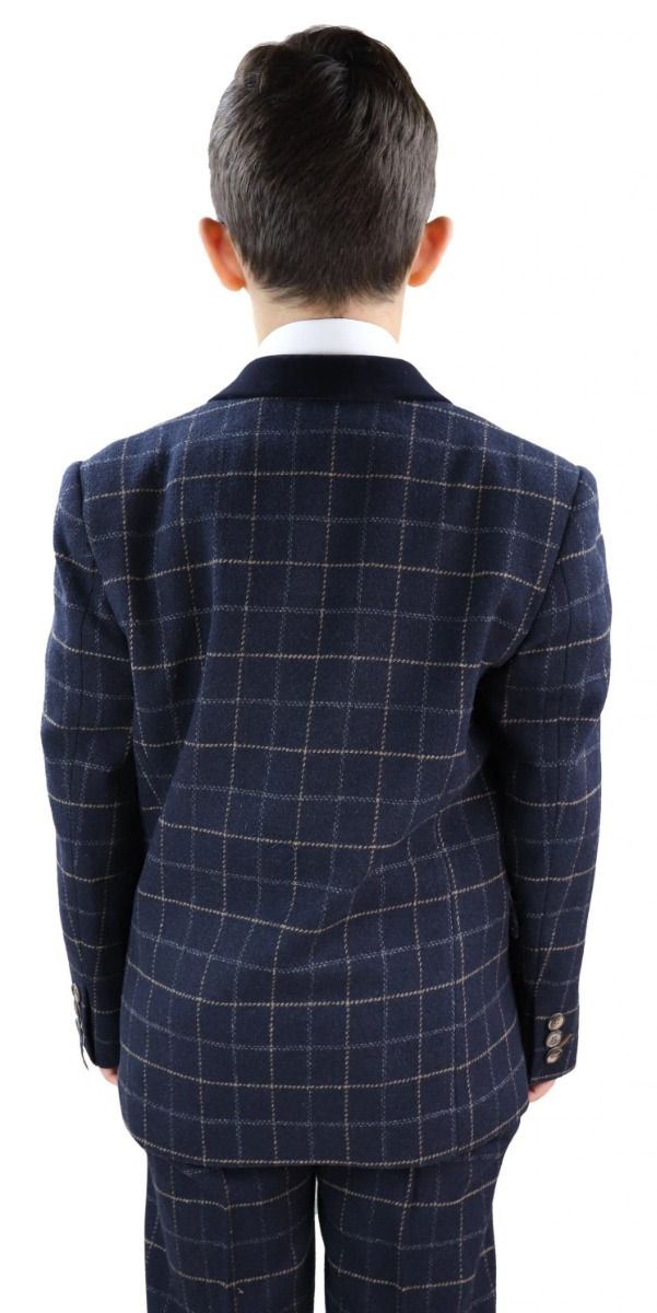 Boys 3 Piece Navy Blue Tweed Check Classic Suit - Upperclass Fashions 