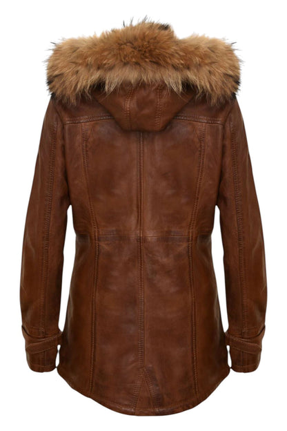 Womens Warm Leather Hooded Parka Jacket-Northwich