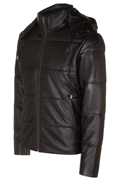 Mens Hooded Puffer Leather Bomber Jacket-Corbridge