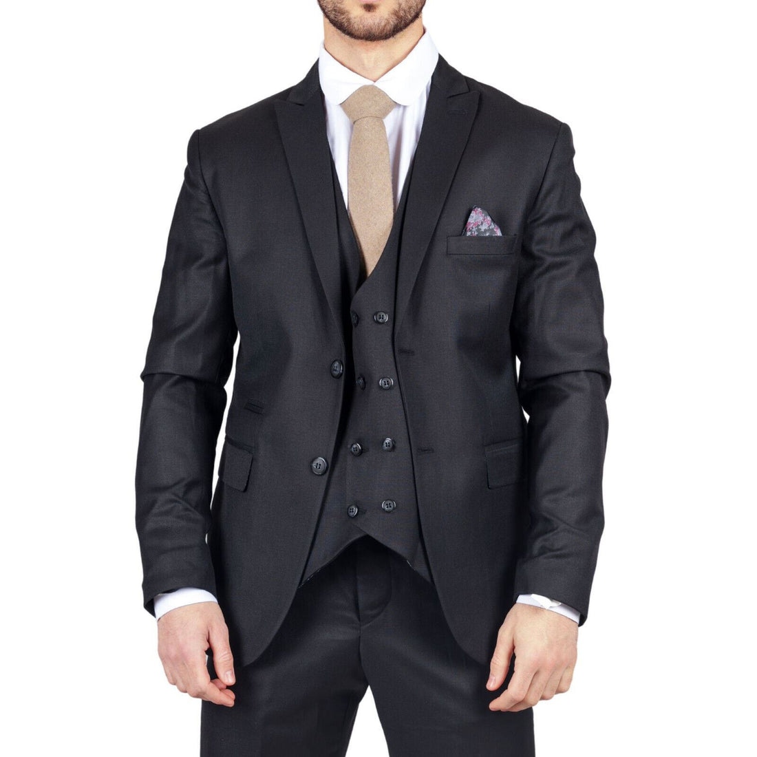Mens IM1 Double Brusted Plain Black 3 Piece Suit - Upperclass Fashions 