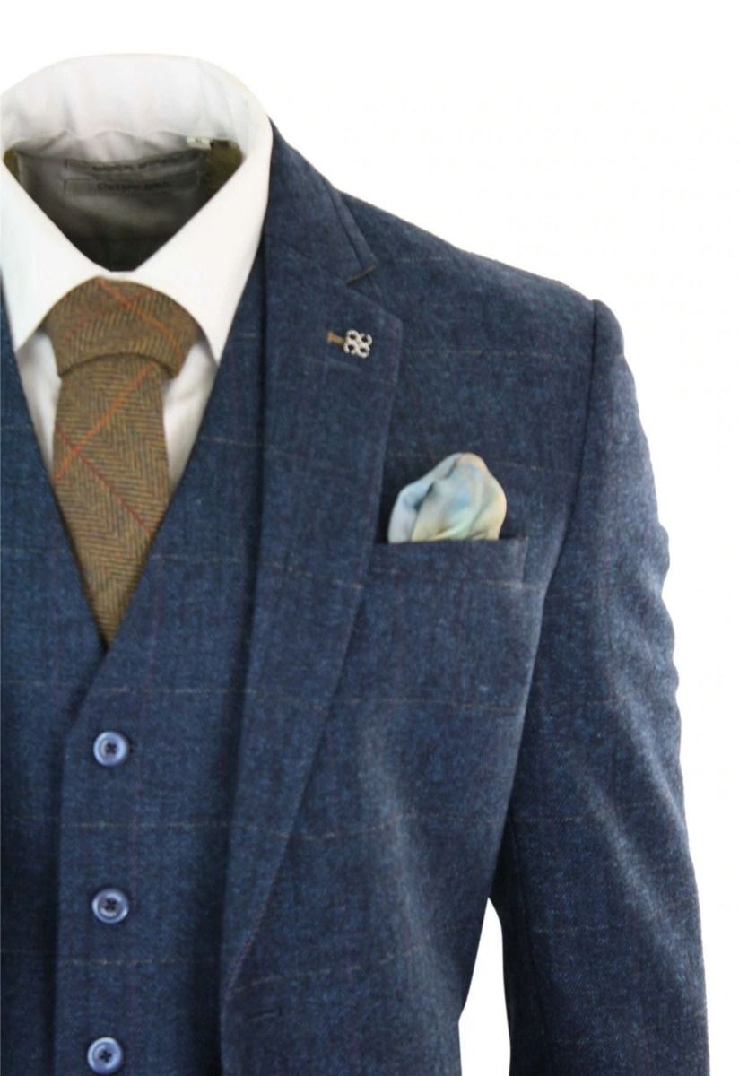 Mens 3 Piece Navy Blue Tweed Herringbone Vintage Classic Suit - Upperclass Fashions 