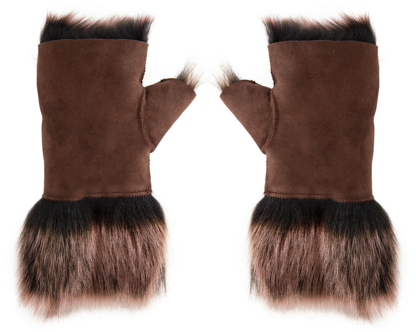 Womens Shearling Mittens Fingerless Cuffs Toscana Suede Sheepskin Fur - Upperclass Fashions 