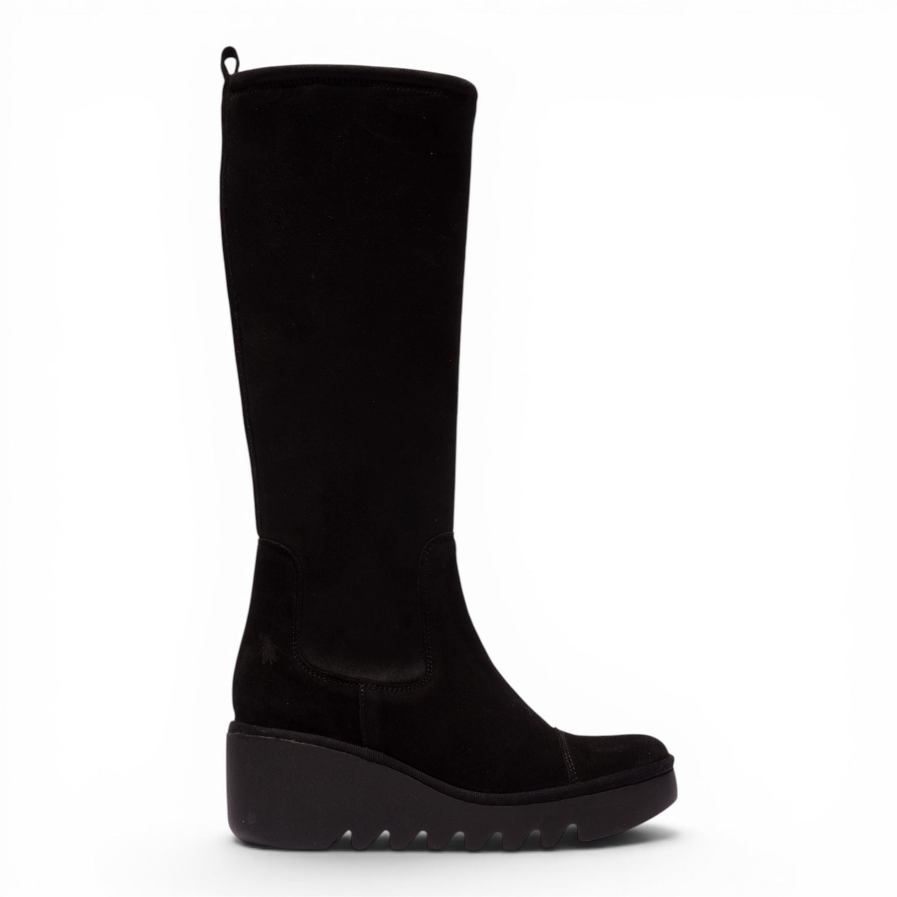Fly London Womens Black Suede Leather High Wedge Heel Long Boots - BUDI603