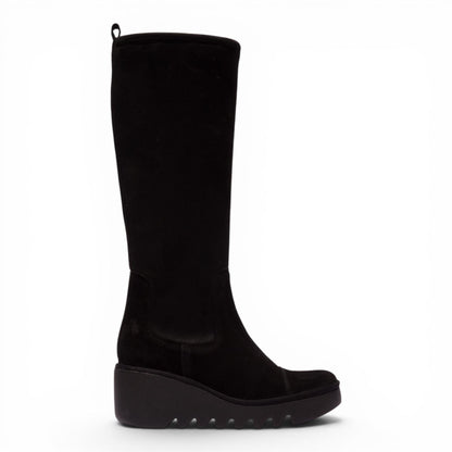 Fly London Womens Black Suede Leather High Wedge Heel Long Boots - BUDI603