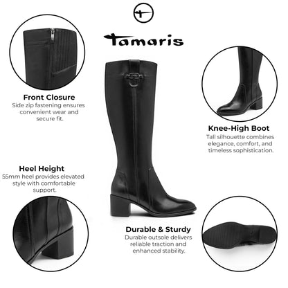 Tamaris Women’s Black Leather Riding Knee-High Heel Long Boots - 25576-47