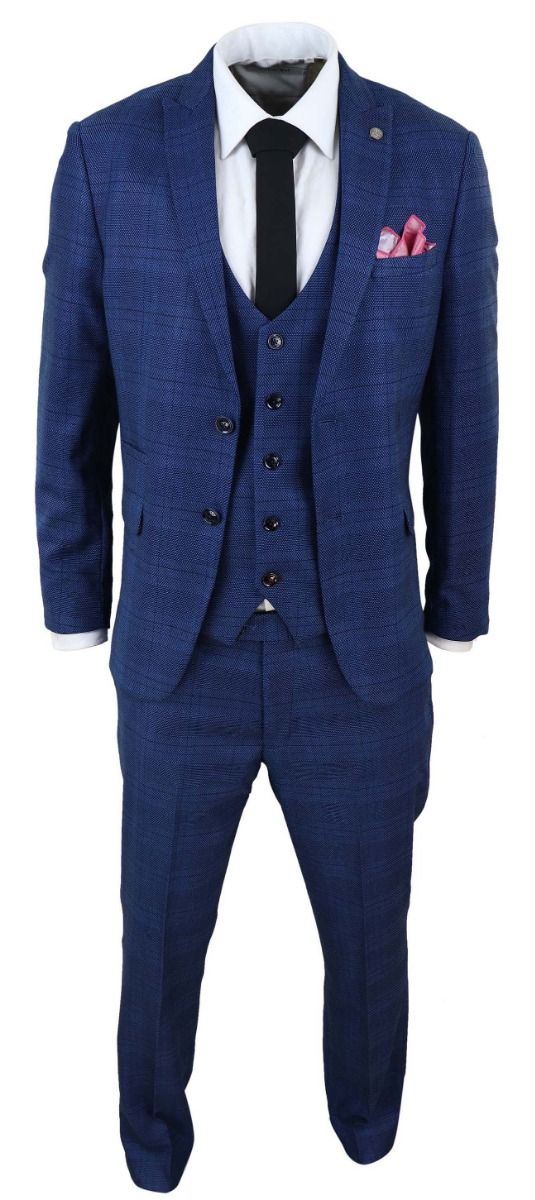 Mens 3 Piece Blue Birdseye Check Classic Suit - Upperclass Fashions 