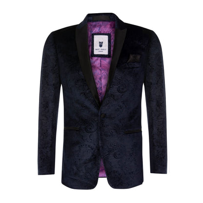 Mens Navy Velvet Paisley Blazer Dinner Jacket