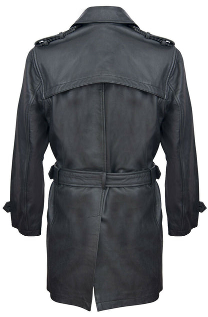 Mens Black Leather Trench Overcoat-Edenbridge