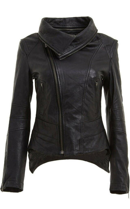 Womens  Snap-off collar Leather Biker Jacket-Maidstone