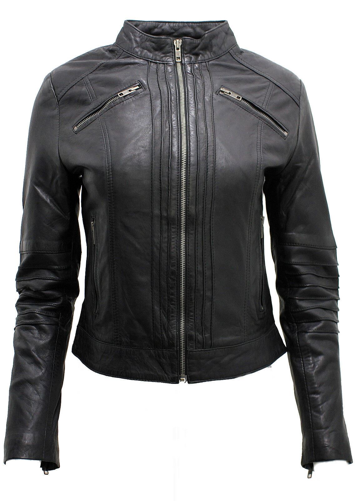 Womens Pleated Design Leather Biker Jacket-Middleham