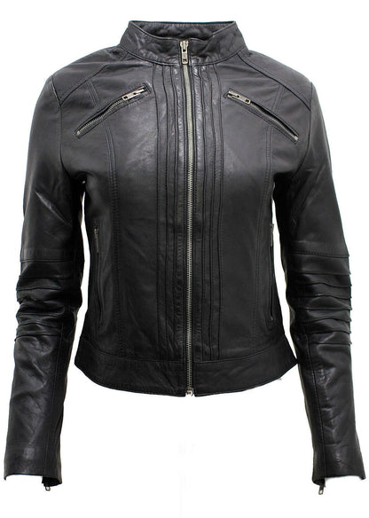 Womens Pleated Design Leather Biker Jacket-Middleham