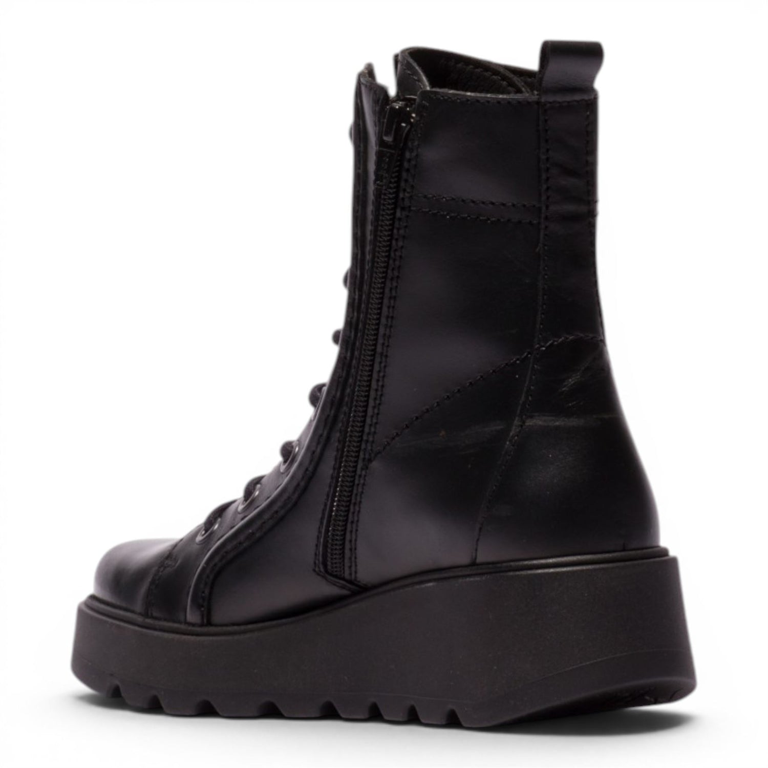 Fly London Womens Black Leather Lace-Up Wedge Heel Combat Boots - TERY554