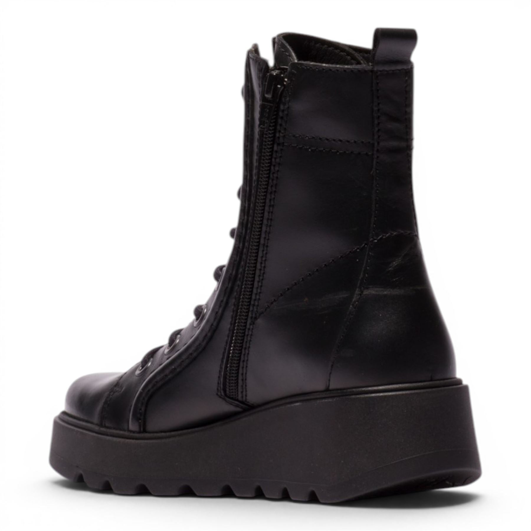 Fly London Womens Black Leather Lace-Up Wedge Heel Combat Boots - TERY554
