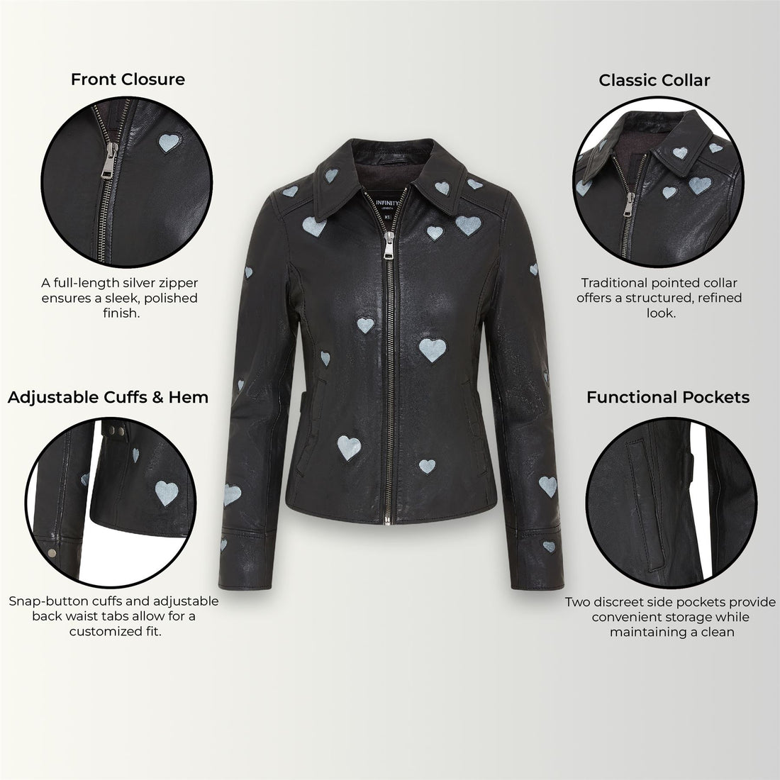 Women’s Black Leather Hearts Biker Jacket  - Wynyard